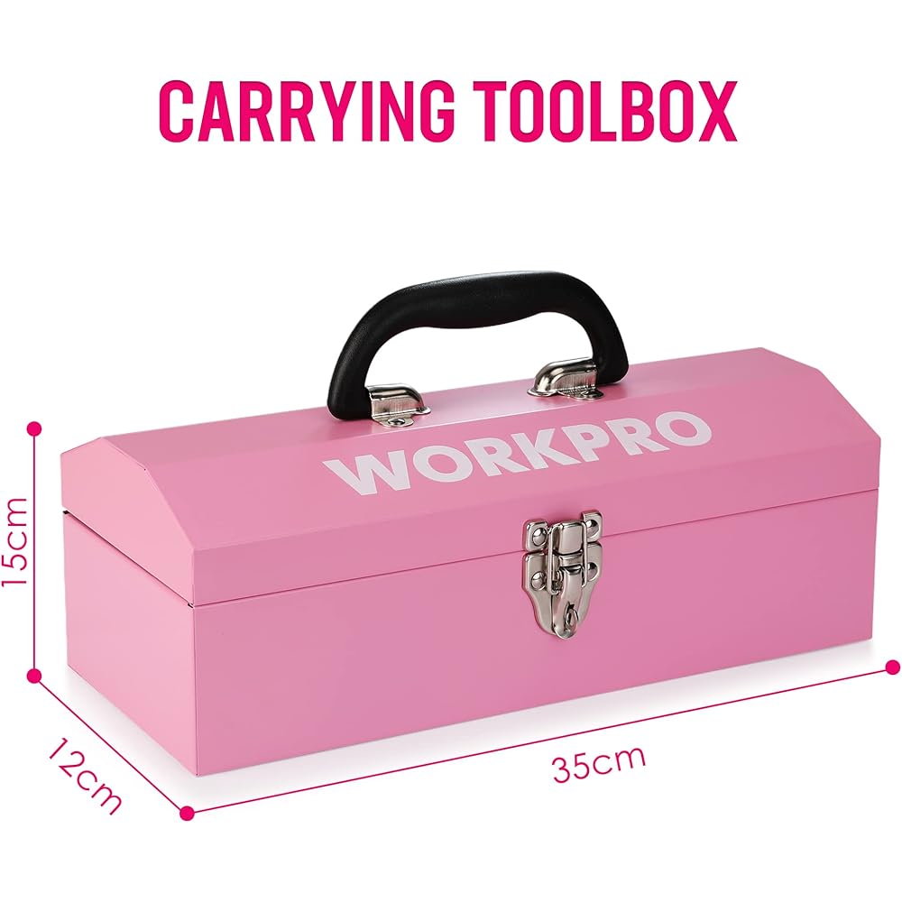 WORKPRO Caisse à Outils Complete Rose 73 Pièces avec Tournevis sans Fil 3,7 V, Boîte à Outils Complete avec Boîte en Fer Portable, Mallette à Outils pour Réparation Dommestique ou de Travail : Bricolage