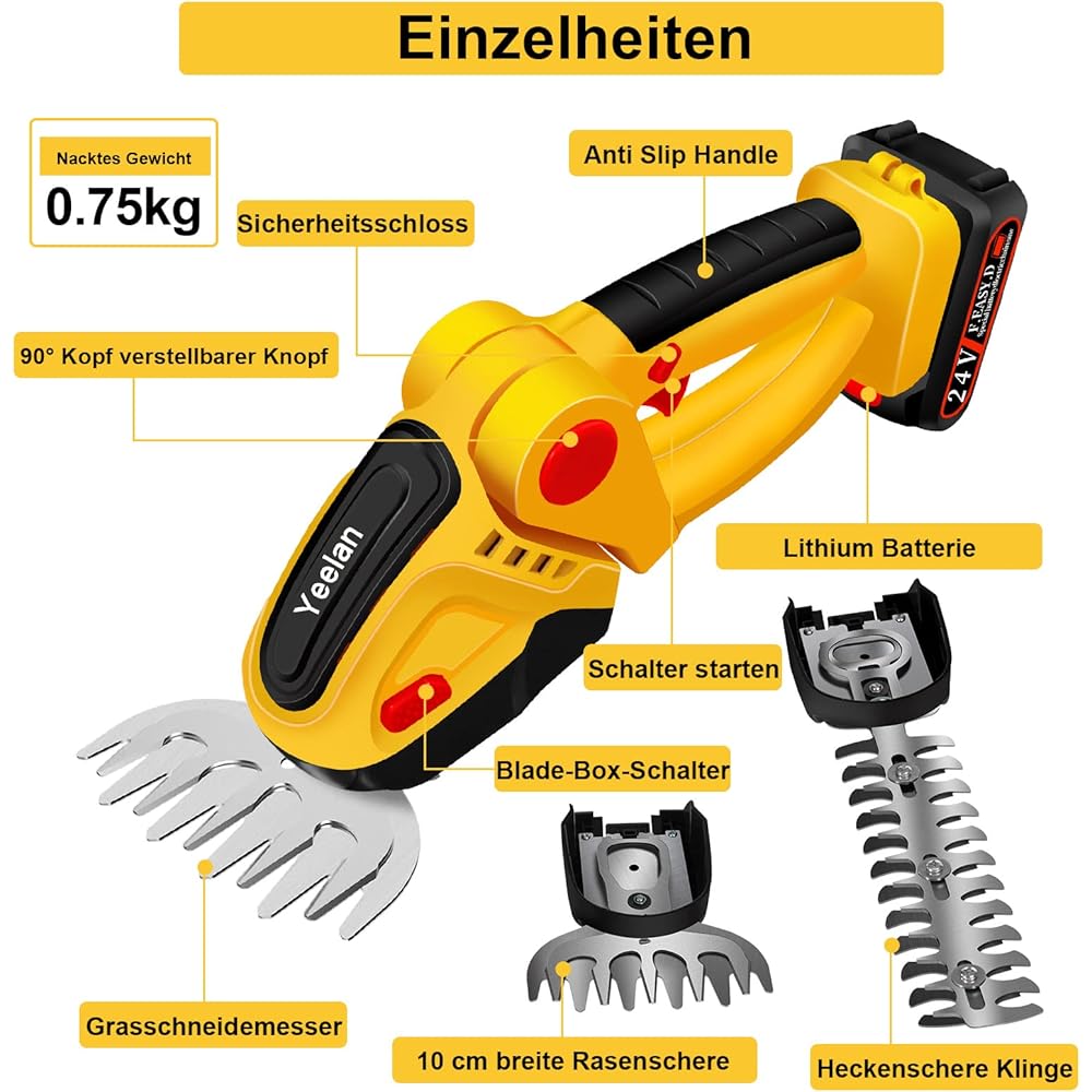 Yeelan Taille-haie électrique sans fil 24 V 2 en 1 avec batterie 2 en 1 - Sécateur électrique portable avec 2 piles rechargeables - Pour jardin, pelouse : Jardin