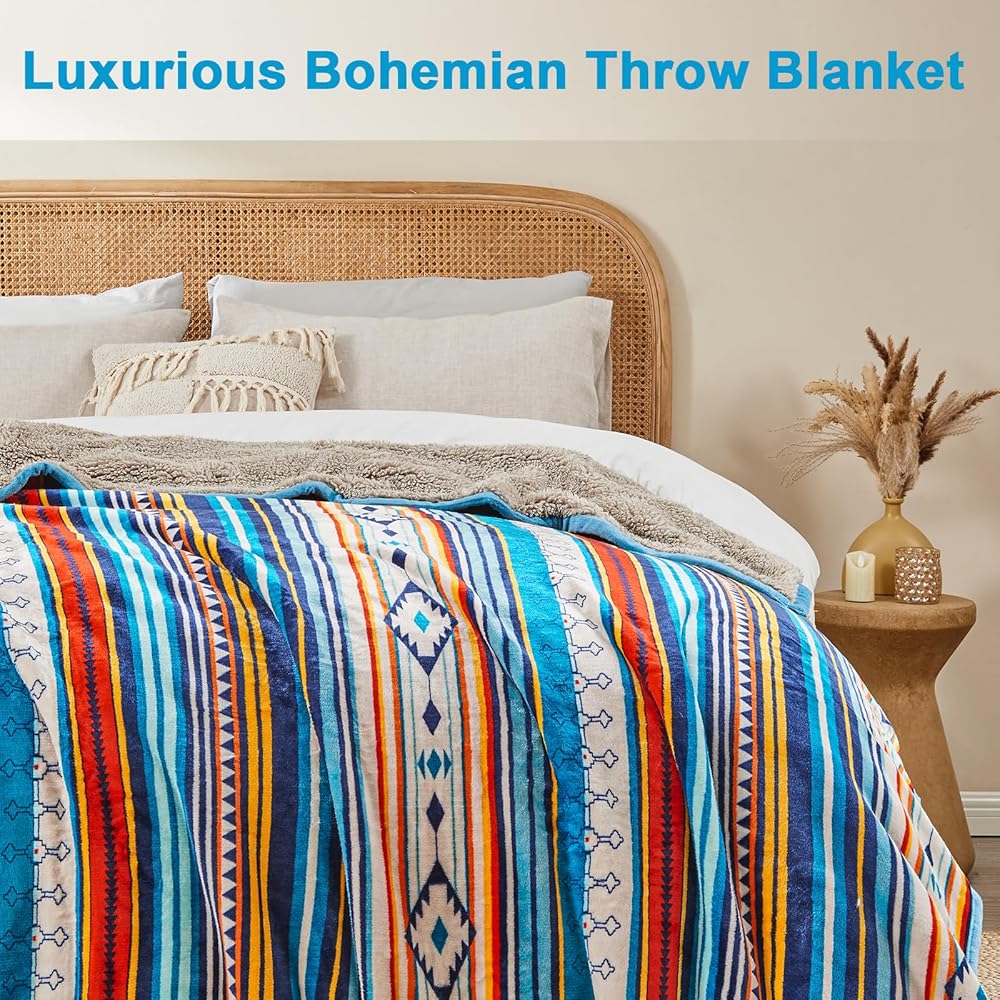 Qucover Couverture Polaire Épaisse 220x240cm, Jeté de Canape à Rayures Confortable Réversible en Flanelle et Sherpa, Plaid Polaire Luxueuse Bohémienne Extrêmement Douce et Chaude Idéale pour l'hiver : Cuisine et Maison
