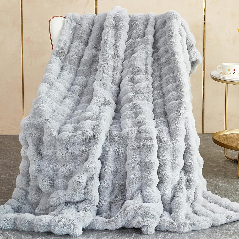 SHANNA Couverture en polaire, fausse fourrure de lapin, moelleuse et chaude, polyvalente, 1 000 g/m² d'épaisseur, 160 x 200 cm, gris clair : Cuisine et Maison
