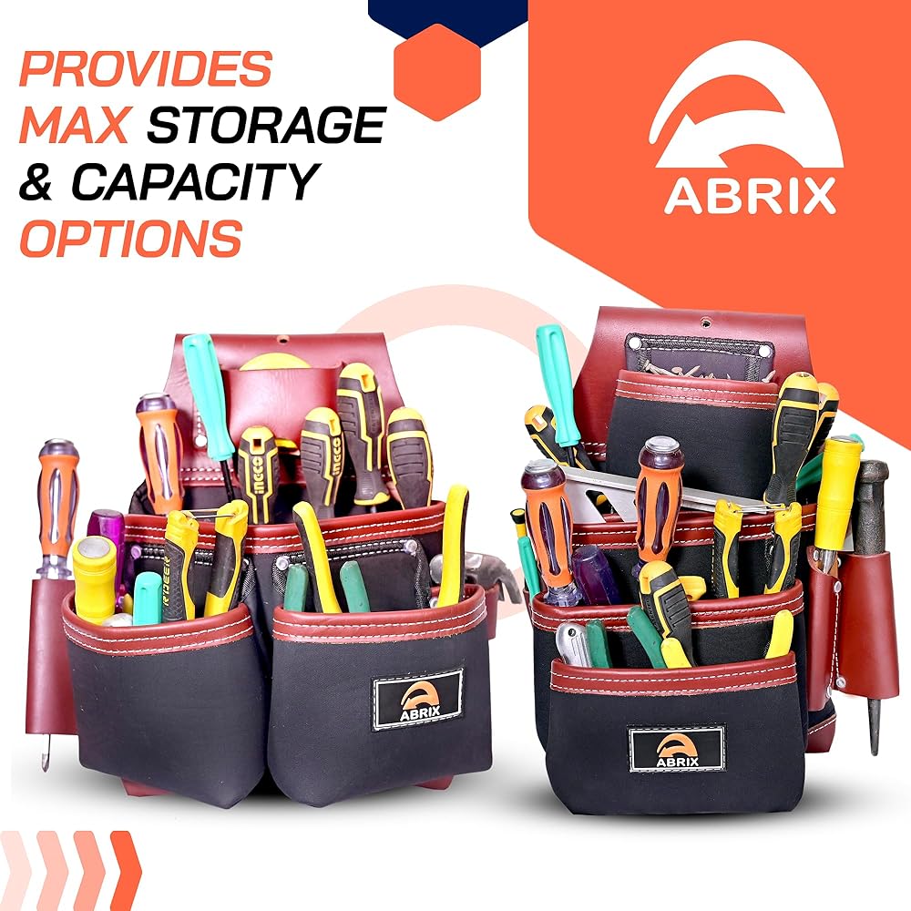 ABRIX, Ceinture à outils en toile et cuir, ceinture de charpentier, ceinture à outils réglable et robuste (76,2 à 132,1 cm), pochette à outils avec 28 poches : Bricolage