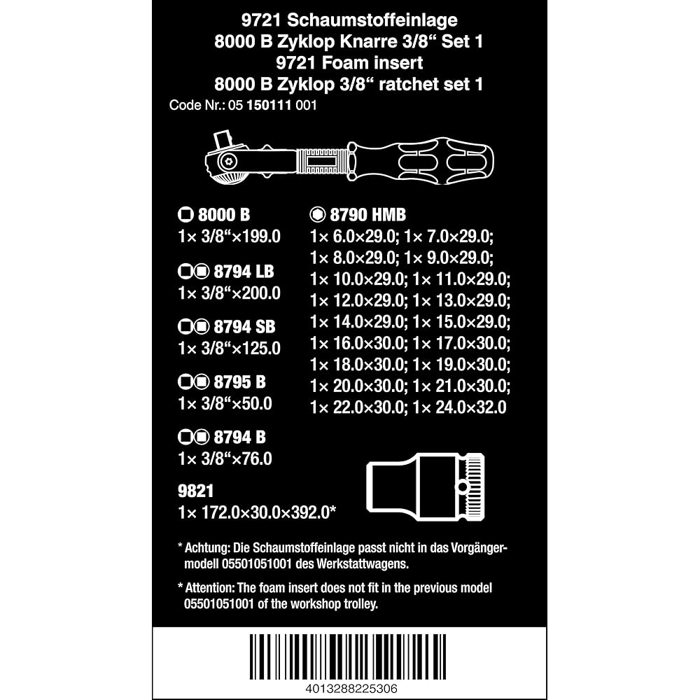 Wera 05150111001 Insert en mousse 9721, jeu de cliquet 8000 B Zyklop 3/8" 1, 23 pièces Noir-vert : Bricolage