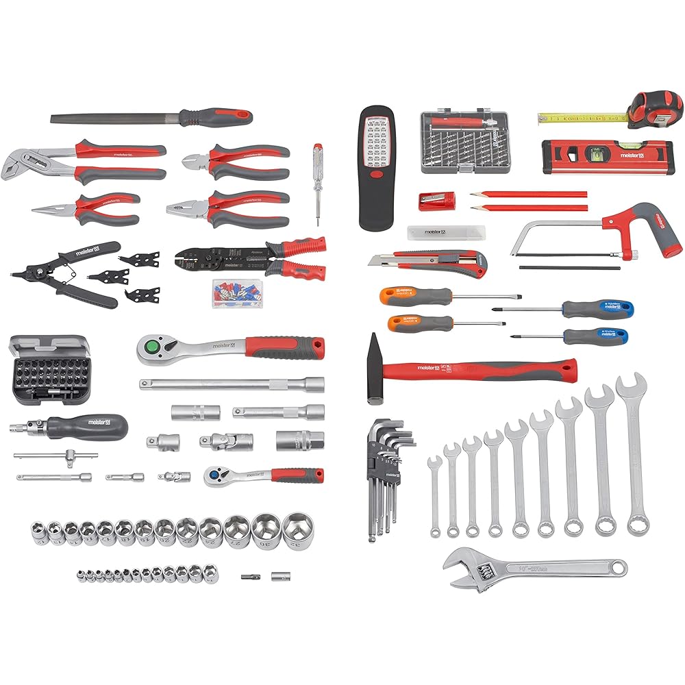 Meister Chariot à outils 156 pièces - Ensemble d'outils - Avec roulettes - Poignée télescopique / Mallette à outils professionnelle remplie / Boîte à outils roulante / 8971440 : Bricolage