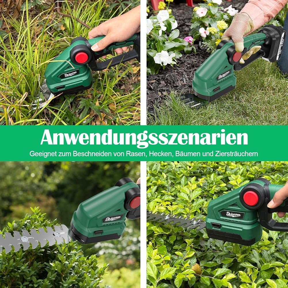 ASUNCELL Sécateur et taille-haie sans fil 2 en 1, cisaille à gazon avec cisaille à arbustes et couteau à gazon (18 V, avec 2 batteries 3000 mAh et chargeur) Longueur de la lame : 22 cm (arbuste) / 13 : Jardin