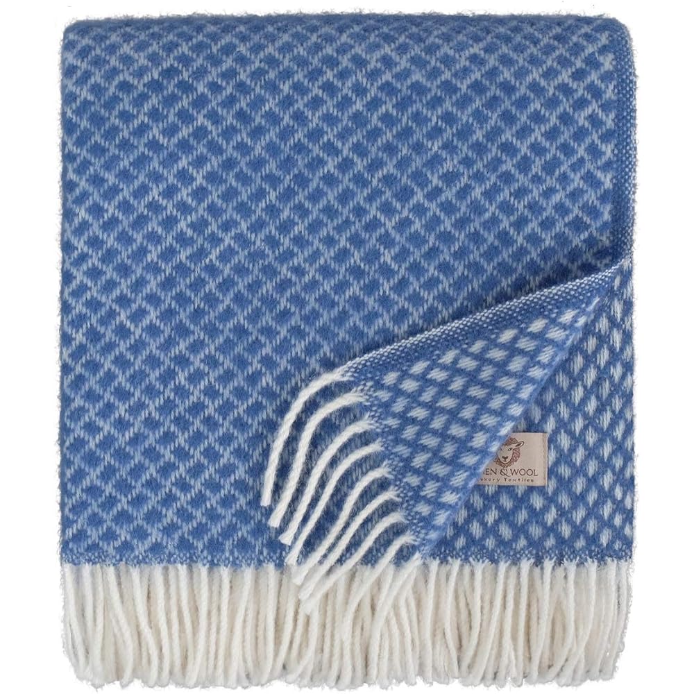 Linen & Cotton Couverture en Laine Douce de Qualite Sofia avec Franges - 100% Pure Laine de Nouvelle-Zélande, Bleu (130 x 170 cm) Plaid Canape Femme Homme en Laine Vierge Décoration de Votre Chambre : Cuisine et Maison