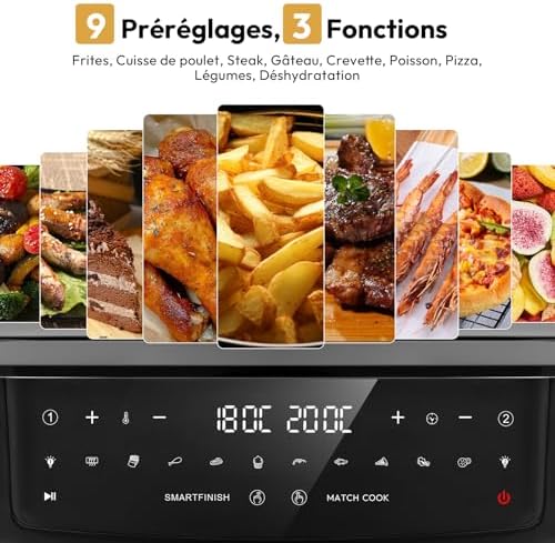 LLIVEKIT Friteuse sans huile 10L, 2 cavités 12-en-1 avec rôtissoire