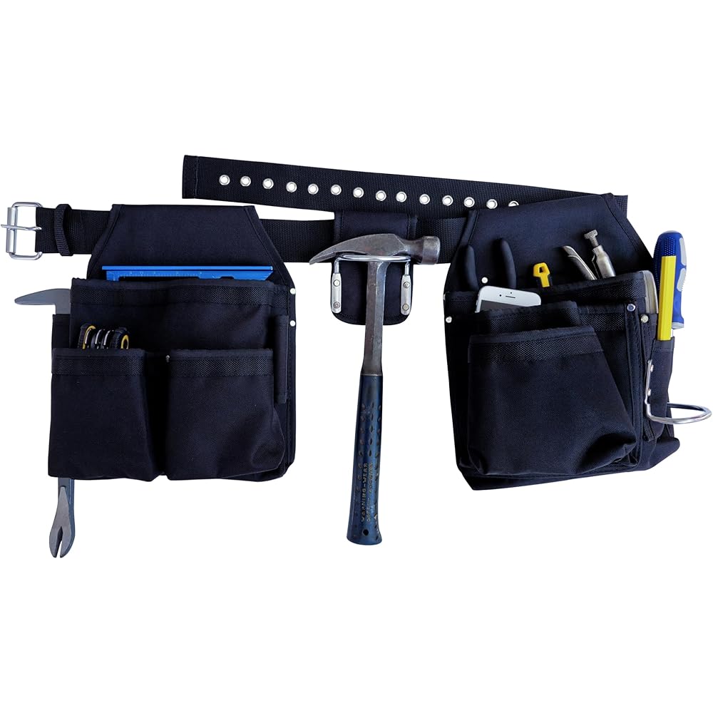 R Dawg Kit ceinture à outils en nylon - 4 pièces professionnel 24 poches - 2 pochettes à outils - support pour marteau - fente carrée - ceinture à outils de charpentier : Bricolage