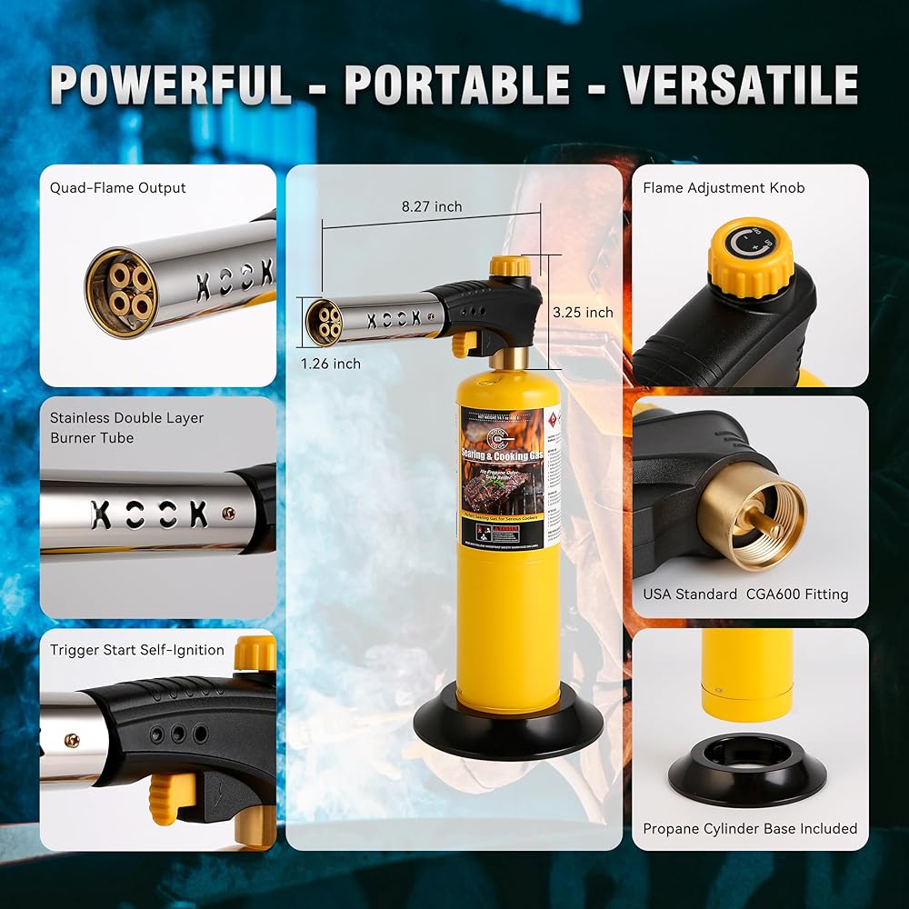 KOOKCOOK Tête de torche au propane, puissante tête de chalumeau à 4 flammes avec allumage, kit de pistolet à gaz MAPP MAP sur support de réservoir de propane de 0,5 kg pour souder, souder, braser, : Bricolage