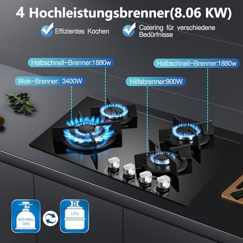 TopStrong Plaque de cuisson gaz 4 feux verre noir