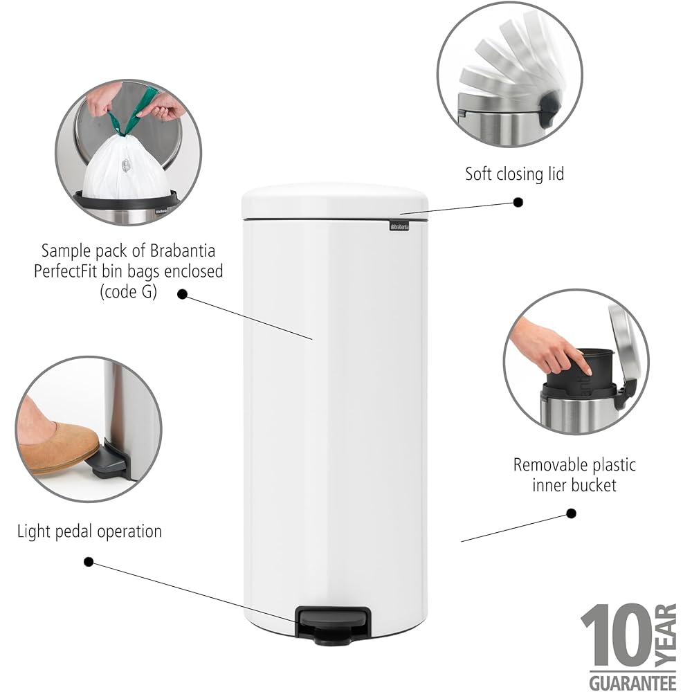 Brabantia 111785 New Icon Poubelle à Pédale Acier Inoxydable Blanc 30 x 34 x 67,5 cm 30 L : Cuisine et Maison