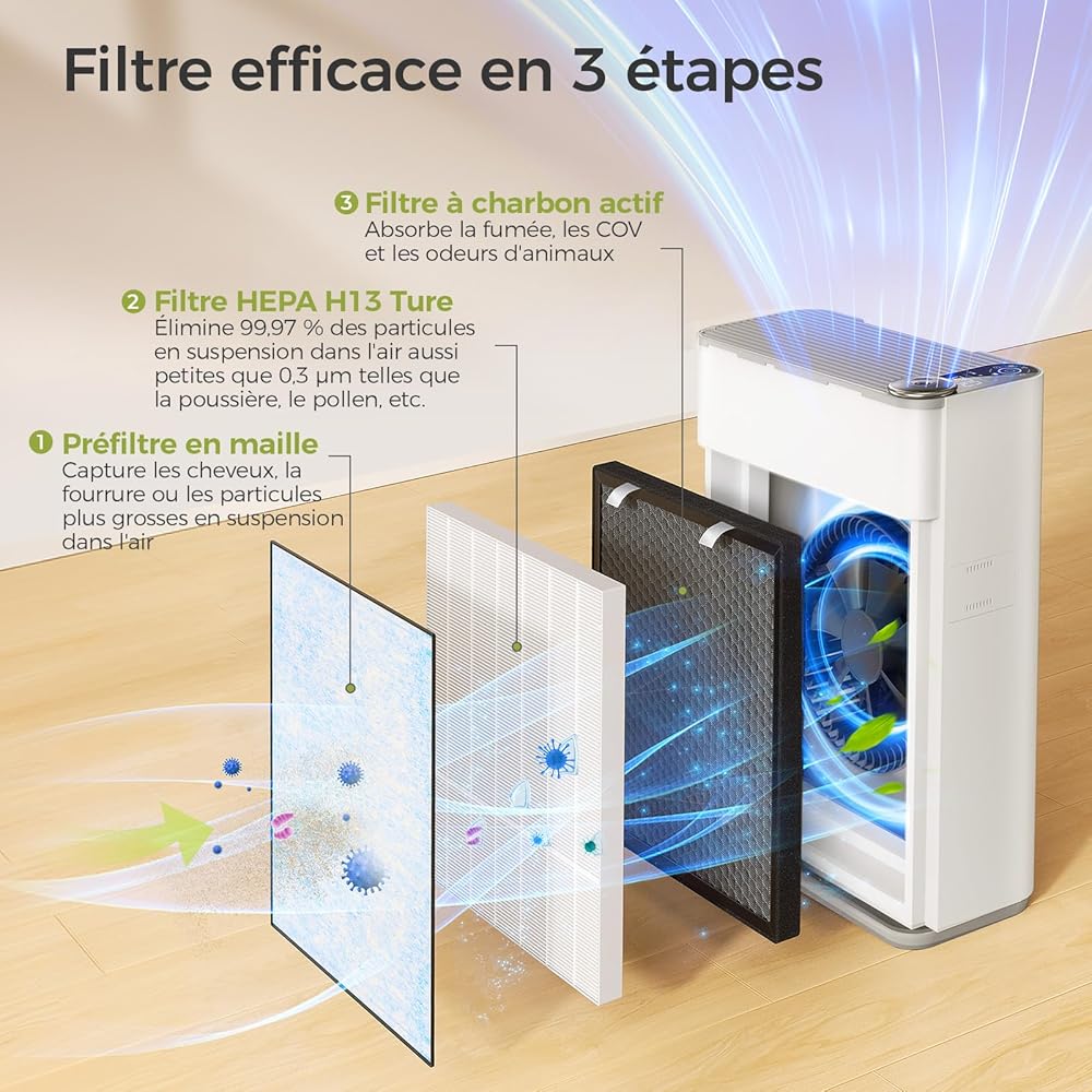 Dhyala Purificateur d'Air Intelligent, contrôle vocal/APP, Purifier jusqu'à 161㎡, véritable filtre à air à charbon actif HEPA, élimine 99,97% polluants, Air Purifier pour Poussières Animaux Odeurs : Cuisine et Maison