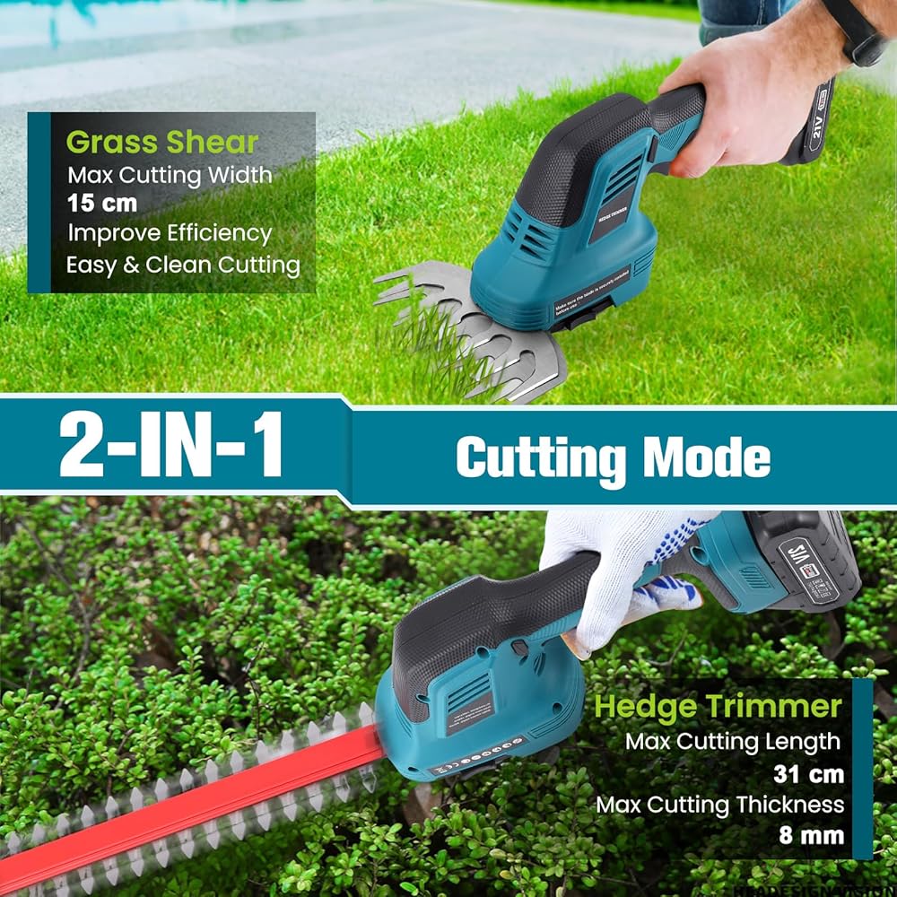 2 en 1 Taille-Haies sans Fil 21V, Cisaille à Gazon Electrique avec Batterie 2 x 1500mAh et 2 Lames, Lame Longue 31 cm/Lame Courte 15 cm, pour Jardin, Pelouse, Arbustes,Gazon : Jardin