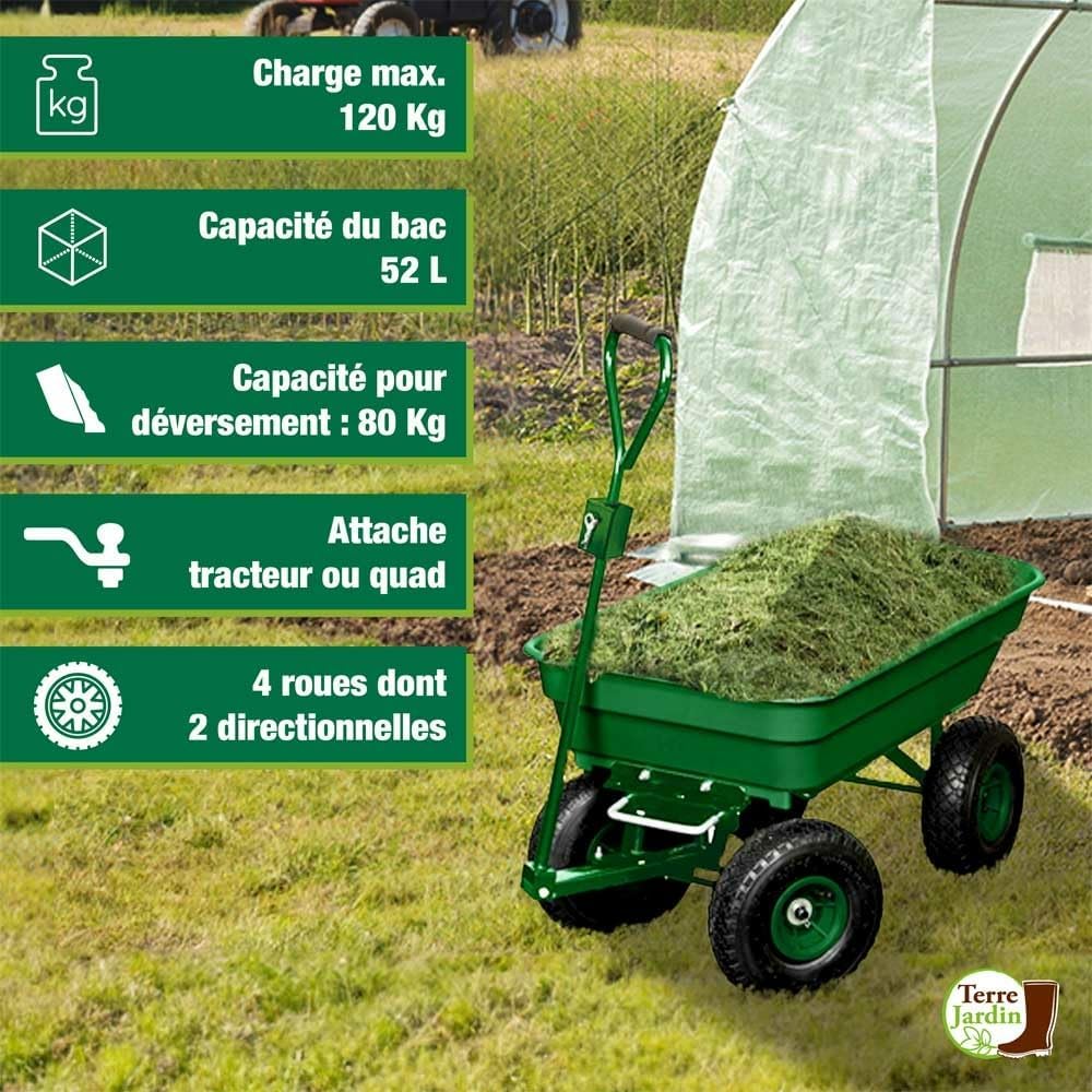 Chariot de jardin 4 roues 120 kg benne basculante 52 L avec fonction brouette et attelage pour tracteur tondeuse