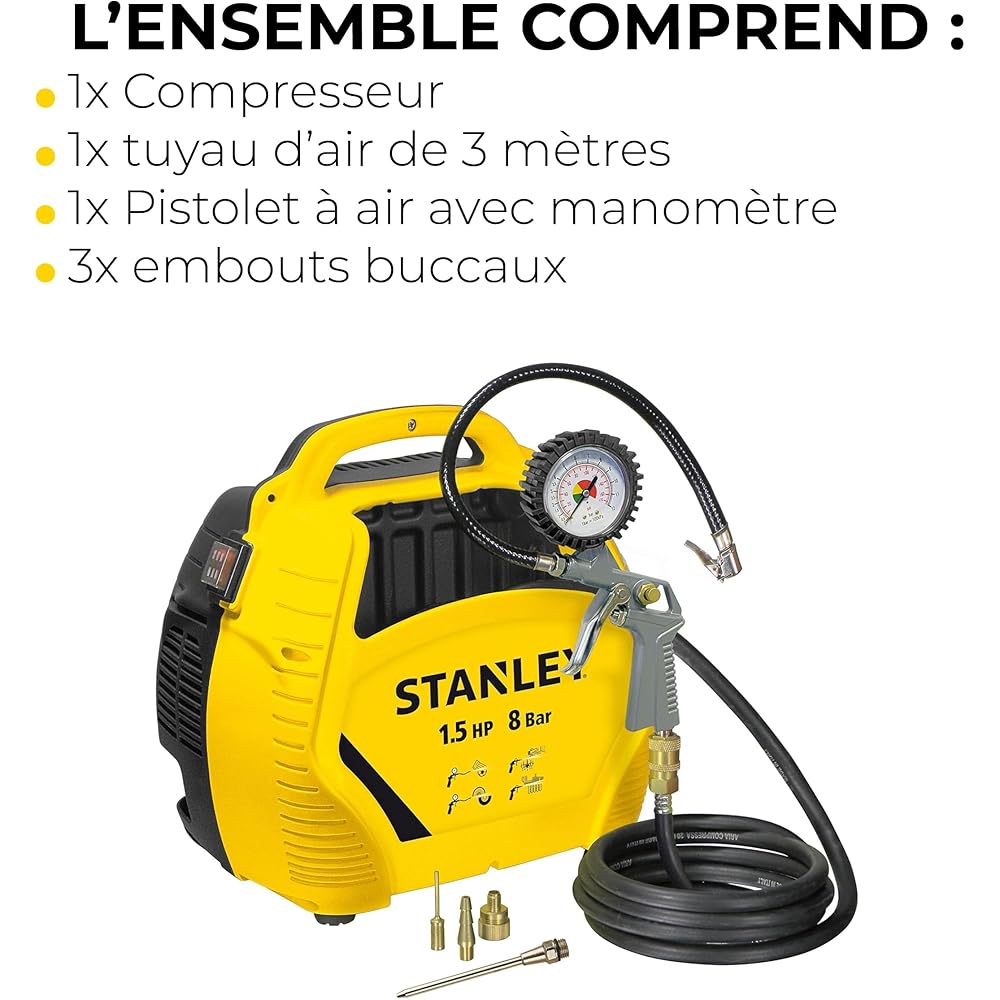 Stanley Compresseur à Air 8 Bar - Compresseur Voiture Portatif Sans Huile avec Outils Pneumatiques - Incl. Tuyau d'Air 3M, Pistolet à Air avec Manomètre et 3 Buses - Jaune : Stanley: Bricolage