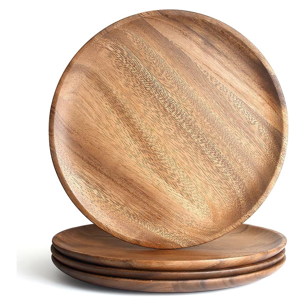 AOOSY Lot de 4 assiettes rondes en bois d'acacia, plateau de service ou plats de service entièrement naturels pour décoration de table, 25 cm, cadeau de pendaison de crémaillère : Cuisine et Maison