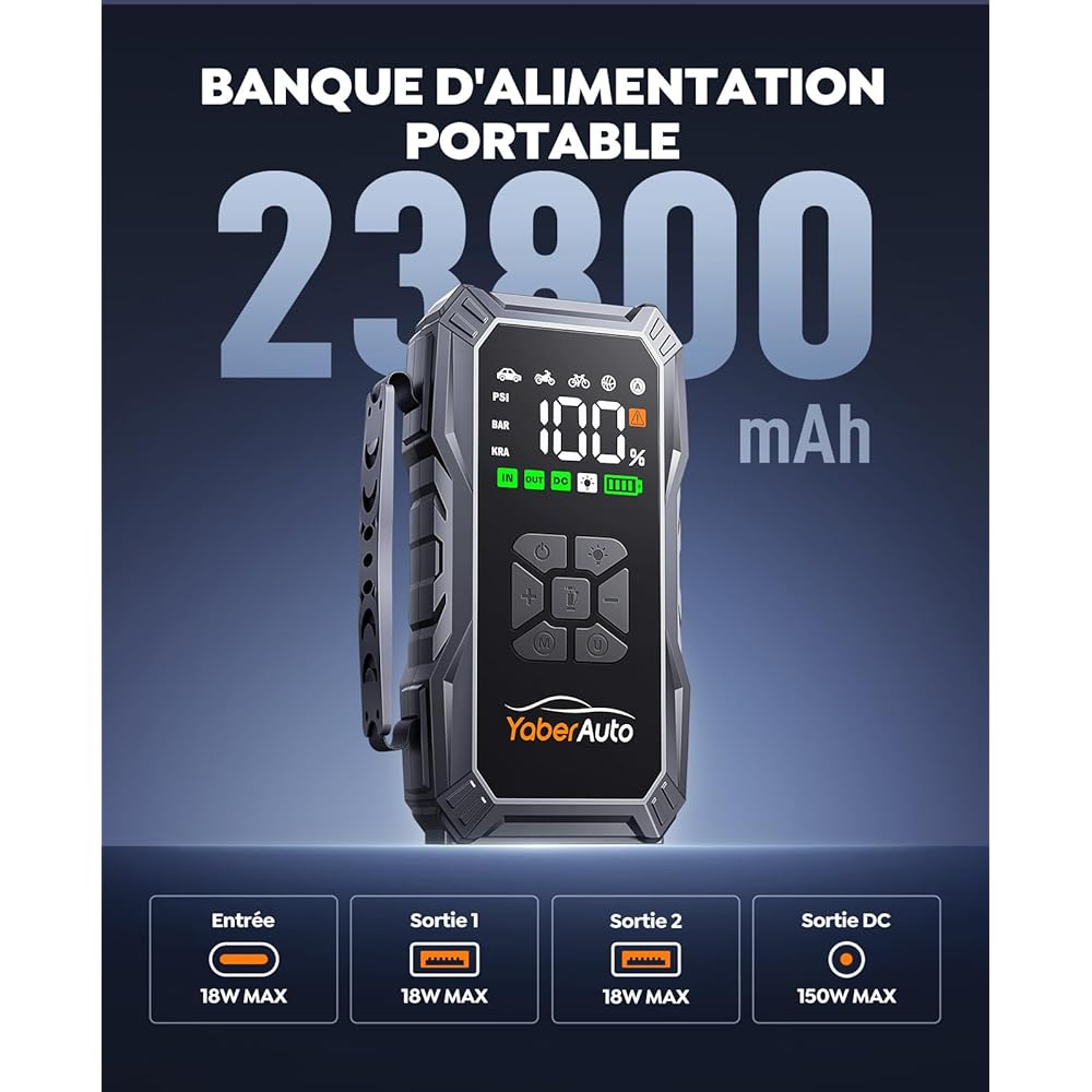 Booster Batterie Voiture avec Compresseur D’Air 150PSI, 5500A YaberAuto Booster Batterie Voiture Puissant (Tous Gaz/Diesel 10L) Démarreur avec Charge Rapide 18W, DC 150W LED 4 Modes 3,3 Grand Écran : Auto et Moto