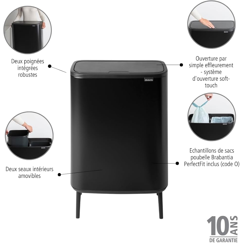 Brabantia - Poubelle 2 x30l - Bo Touch Bin Hi - Poubelle Double Poubelle XXL idéale tri sélectif - Poubelle de Cuisine Garantie 10 ans - Poubelle 60L Ecologique - Noir : Cuisine et Maison