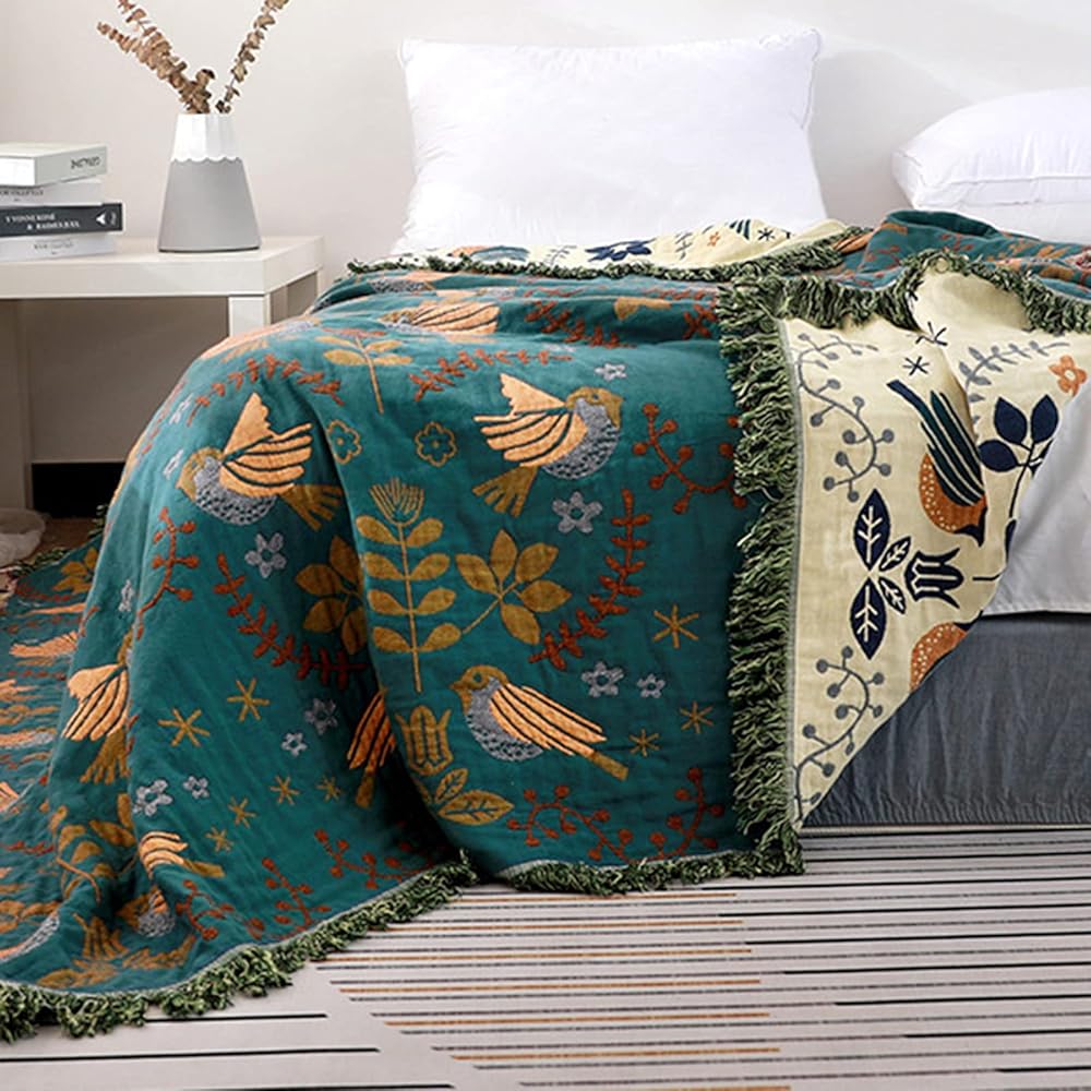 HOORDRY Couverture tissée 100 % coton avec franges, couvre-lit boho double face, 200 × 230 cm, bleu/beige, noble et douillet pour regarder la télé, plaid de fauteuil, couverture réversible : Cuisine et Maison