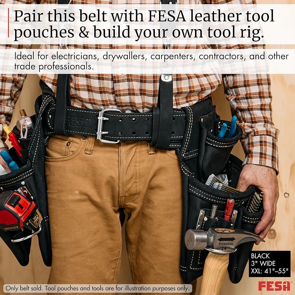 FESA Ceinture à outils en cuir pour homme – Ceinture à outils en cuir réglable de 76,2 à 116,8 cm – Ceinture à outils pour électriciens, charpentiers, travailleurs du bâtiment – Fabriquée à la main : Bricolage