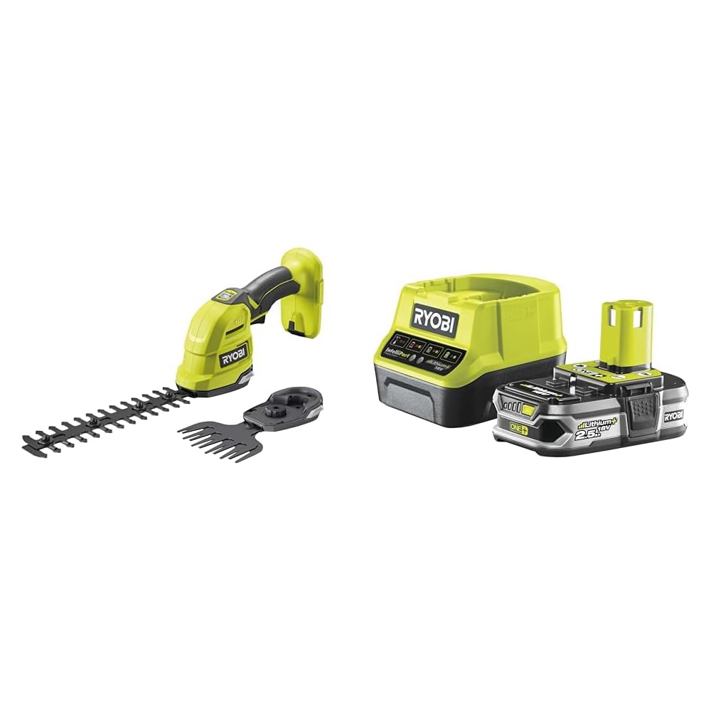 RYOBI - Cisaille à Gazon/Sculpteur de Végétaux 18V One+ - Idéal Entretien et des Petits Arbustes - Vendu sans Batterie ni Chargeur - RY18GSA-0 & 5133002237 Batterie d'outillage 18 V 2,5 Ah : Jardin