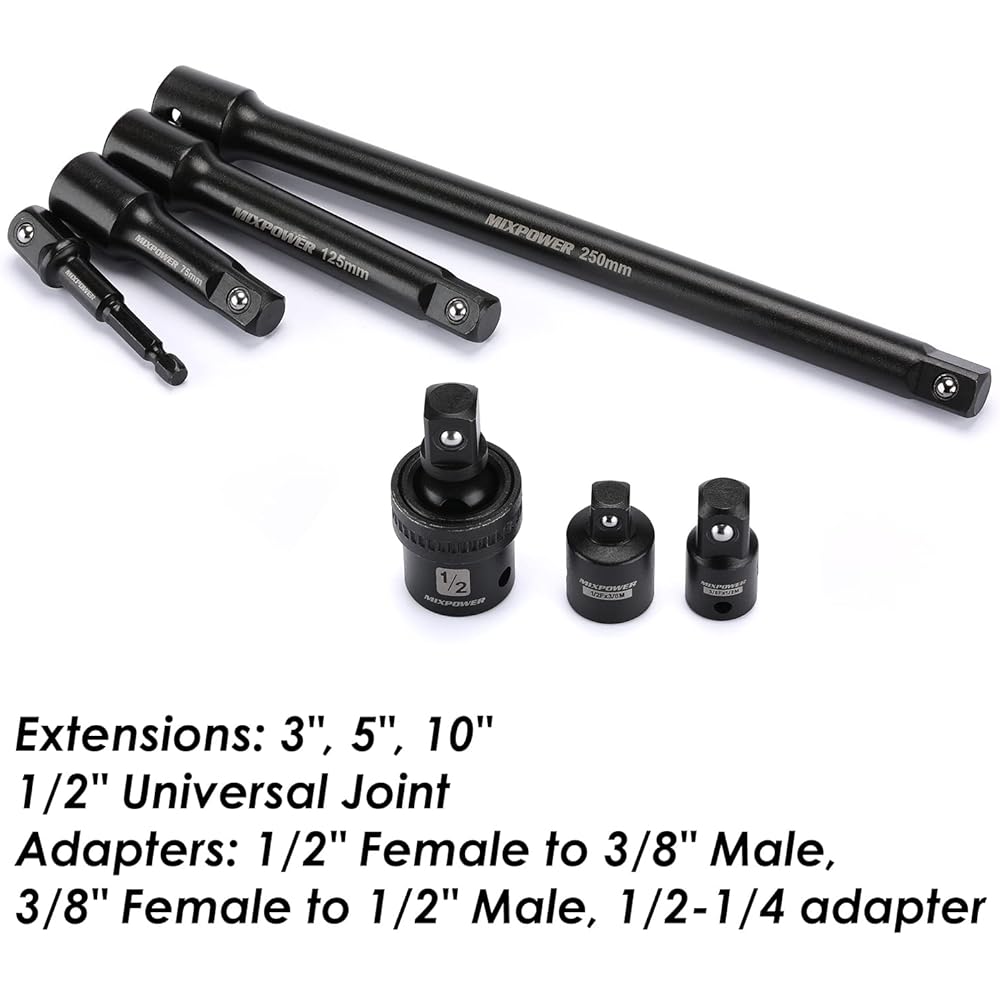 MIXPOWER Lot de 49 douilles à choc 1/2" profondes/peu profondes, (8 mm-32 mm), CR-V, métrique, comprend des barres d'extension, des adaptateurs, un joint universel à impact : Bricolage