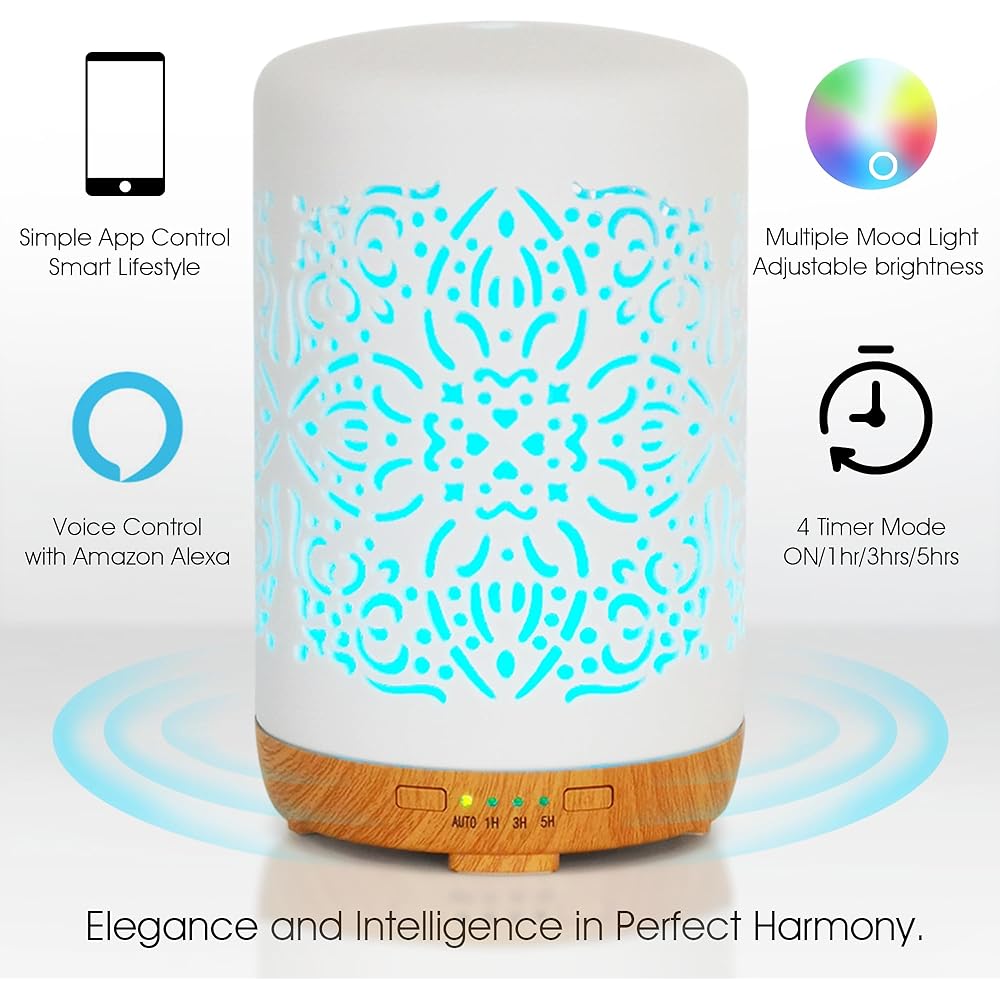 Earnest Living Diffuseur intelligent WiFi pour huiles essentielles Diffuseur en céramique 250 ml avec Alexa Google Home App Contrôle par téléphone LED et arrêt automatique Humidificateur de bureau : Cuisine et Maison