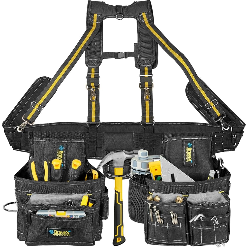 Bravex Ceinture à outils ultra résistante à l'usure avec bretelles, 10 poches principales et petites poches, manches pour bouteille d'eau : Bricolage