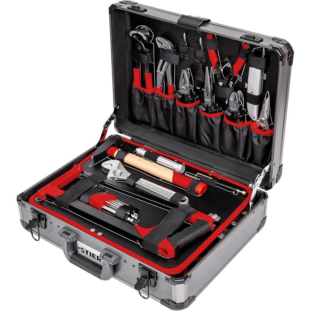 STIER Mallette à outils complète, boîte à outils en aluminium de 144 pièces, outils universels pour les réparations quotidiennes, y compris tournevis, ciseaux, pinces et scies : Bricolage