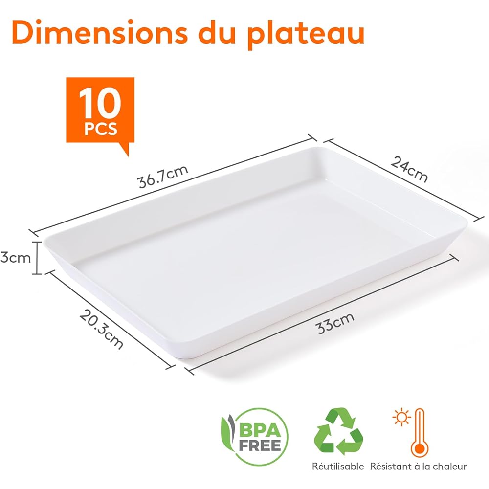 Lifewit Lot de 10 plateaux de service en plastique pour fête, 38,1 x 25,4 cm pour servir des aliments, des biscuits - Blanc : Cuisine et Maison