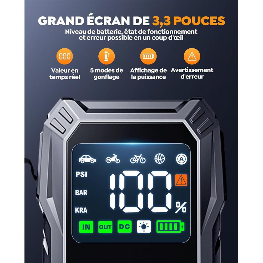 Booster Batterie Voiture avec Compresseur D’Air 150PSI, 5500A YaberAuto Booster Batterie Voiture Puissant (Tous Gaz/Diesel 10L) Démarreur avec Charge Rapide 18W, DC 150W LED 4 Modes 3,3 Grand Écran : Auto et Moto