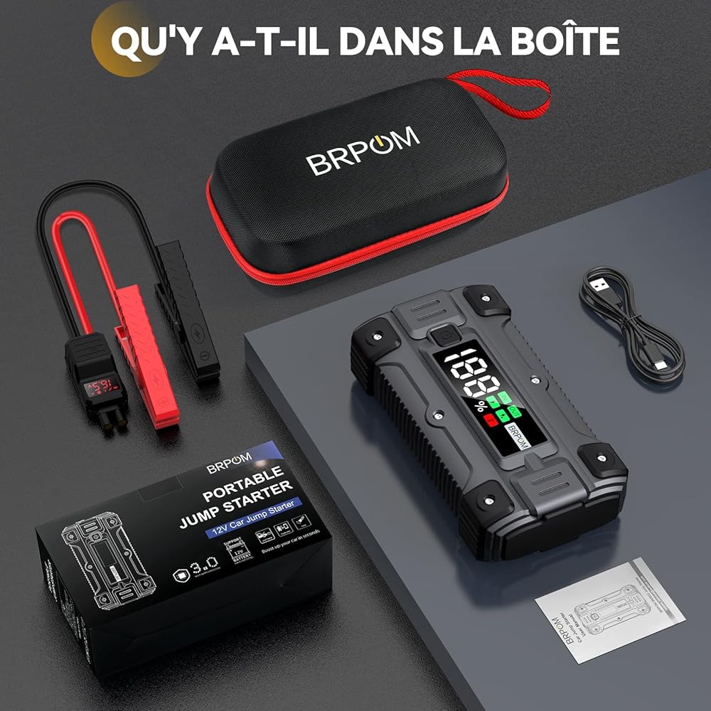BRPOM Booster Batterie Voiture 5000A, 26800mAh Portable (Jusqu'à 8.5L Diesel & Tout Gaz), 12V Jump Starter, Démarreur de Batterie Avec Grand Ecran, QC 3.0 : Auto et Moto