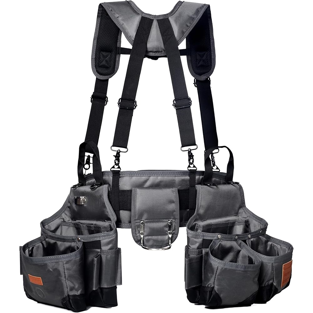Ceinture à outils, ceintures à outils pour homme avec bretelles et pochette à outils magnétique. Ceinture robuste pour charpentier/outils de construction. : Bricolage