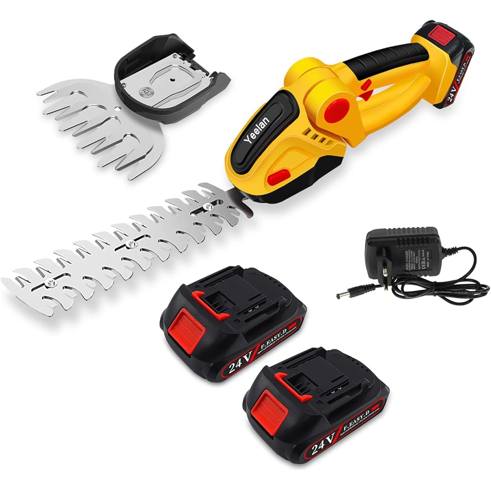 Yeelan Taille-haie électrique sans fil 24 V 2 en 1 avec batterie 2 en 1 - Sécateur électrique portable avec 2 piles rechargeables - Pour jardin, pelouse : Jardin