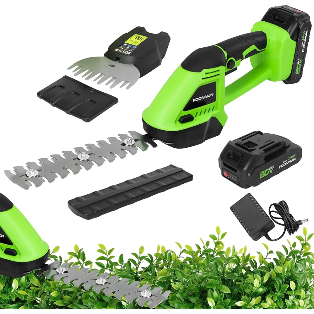 FOONNUN 2 en 1 Cisailles à Gazon, Taille Haie a Batterie avec 1x2000 mAh Batterie, Electrique Cisaille de Jardin, 2 Lames(13cm&20cm), Cisailles à Gazon Sans Fil Portatives pour Arbustes, Jardin, Gazon : Jardin