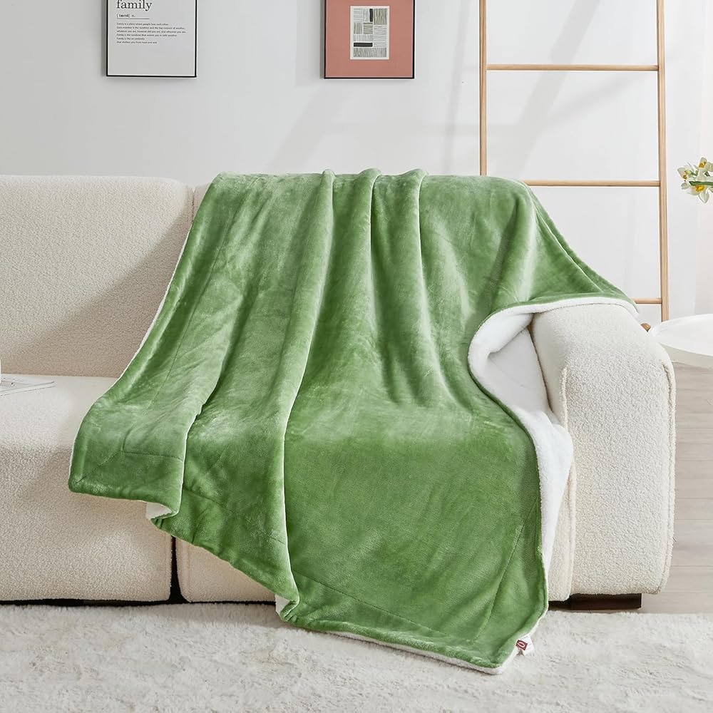SOCHOW Sherpa Plaid Couverture Polaire Vert Sauge 220 x 240 cm, Couverture Double Face Super Douce Luxurieuse Couverture en Peluche : Cuisine et Maison