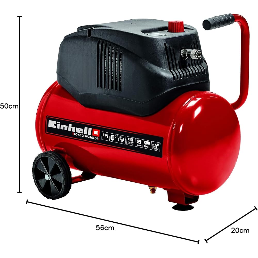 Einhell Compresseur TC-AC 200/24/8 OF (1.200 W., max. 8 bar, réducteur de pression, moteur sans huile ni entretien, réservoir de 24 l, support amorti aux vibrations, clapet anti-retour/sécurité) : Bricolage