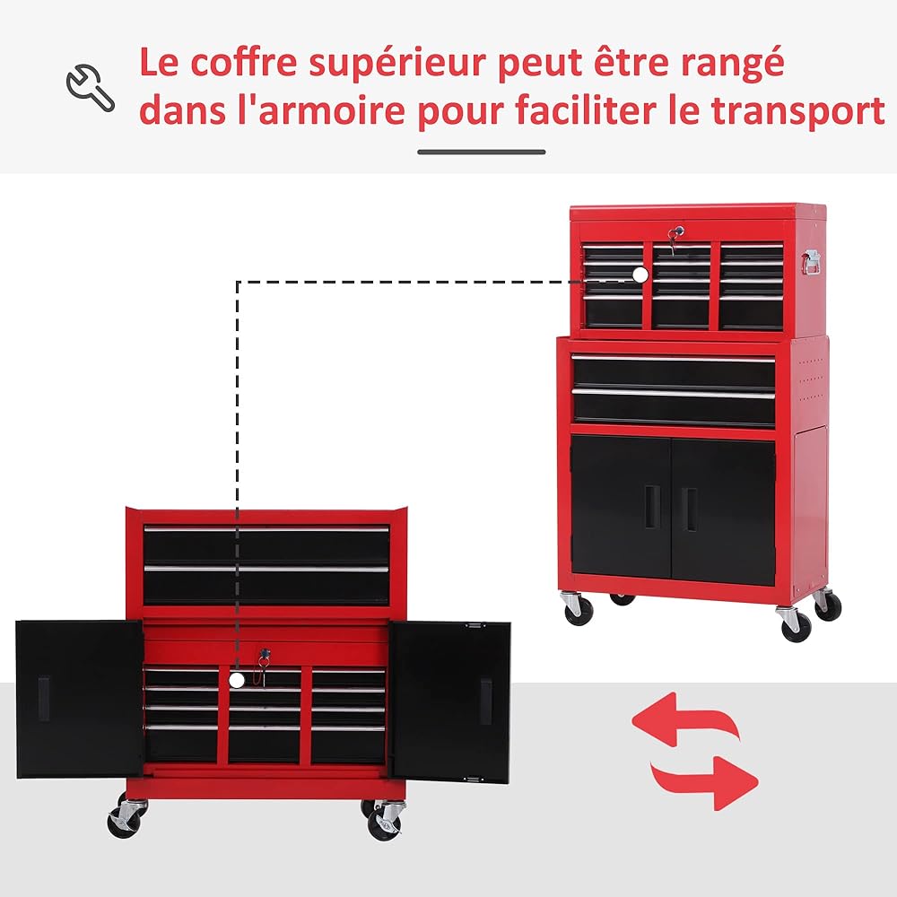 HOMCOM Servante d'atelier servante/Caisse à Outil 6 tiroir +1 Commode Coffre Amovible Chariot Acier Rouge et Noir : Bricolage