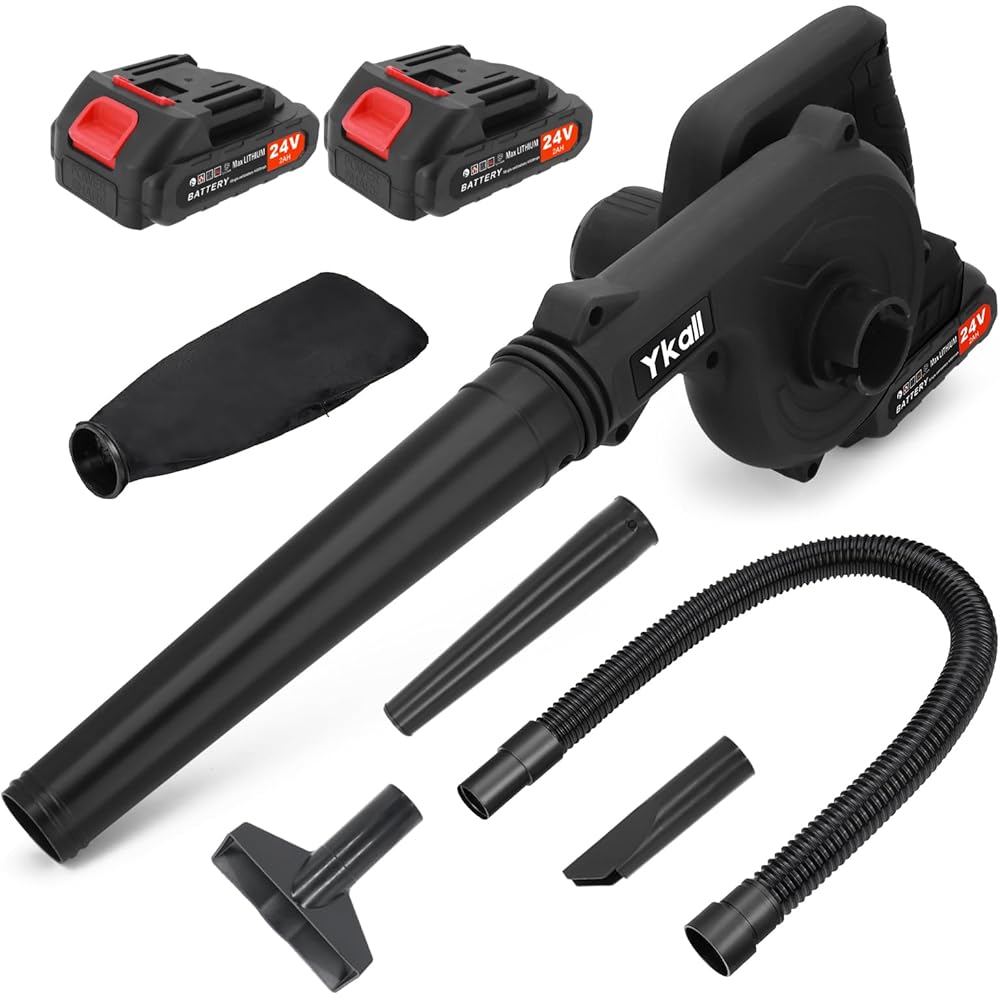 Ykall Souffleur à feuilles électrique sans fil 24 V avec 2 batteries et chargeur, souffleur puissant pour jardin, terrasse, garage, poussière, neige et poils d'animaux (noir) : Jardin