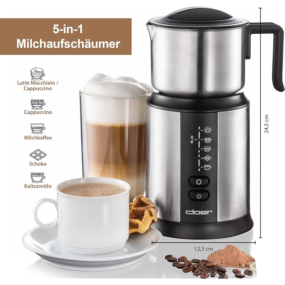 Cloer 7789 Mousseur à lait à induction XL800, mousse de lait 600 ml, chocolat chaud 500 ml, récipient 800 ml, commande électronique, 500 W, bobine de mousse magnétique, verseuse en acier inoxydable : Cuisine et Maison