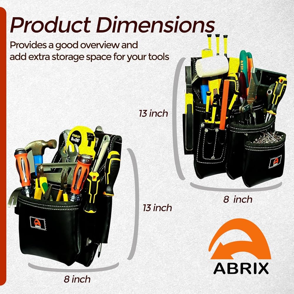 ABRIX PRO-280 Ceinture à outils en cuir tanné à l'huile de qualité supérieure, ceinture à outils en cuir robuste, 28 poches, ceinture à outils pour encadreur (cuir noir) : Bricolage