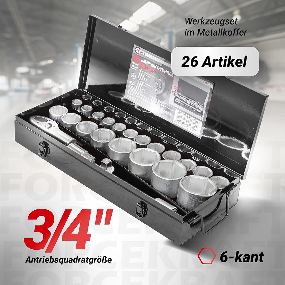 FORCEKRAFT FK-68263-5 Jeu de 26 douilles 3/4" et 1" avec coffret en métal : Autres