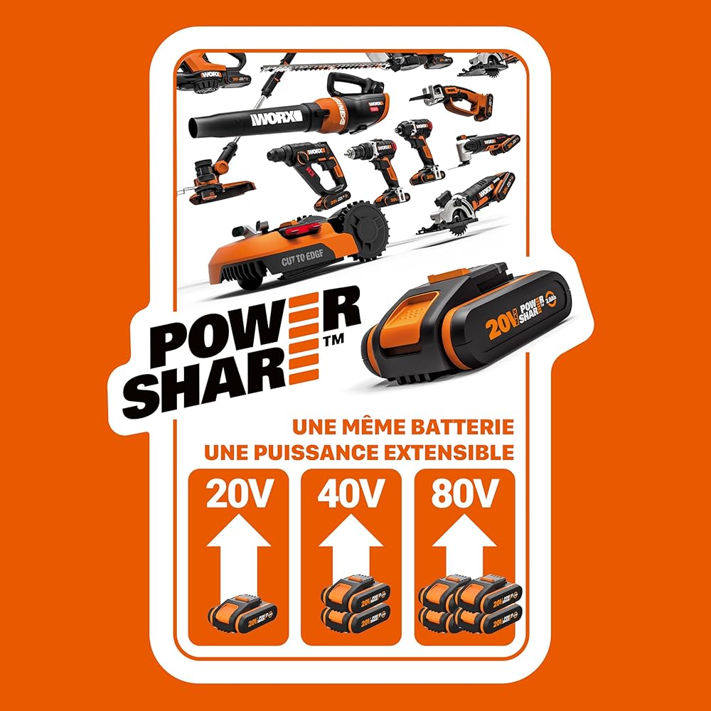 WORX Set Sculpte-Haies et Taille-Herbes sans Fil 20V WG801E.9 + kit Batterie 4Ah, Chargeur Rapide, sculpteur de végétaux, Lame 200 mm, Outil 3 en 1, livré avec Set de 3 Lames et malette de Transport : Jardin