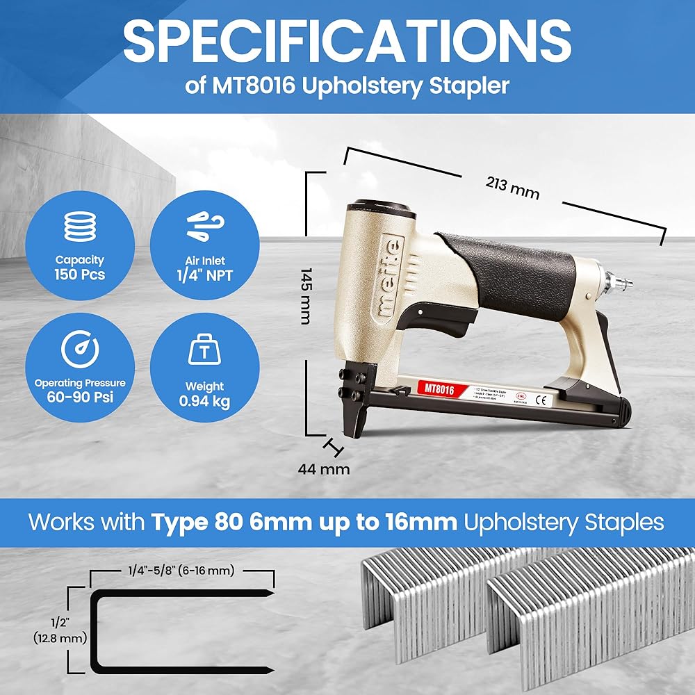meite MT8016 Agrafeuse Pneumatique Type 80 Agrafeuse Tapissier – Agrafeuse à Air pour Menuiserie et Fabrication de Meubles, Compatible avec type 80/6 mm à 16 mm agrafes : Bricolage