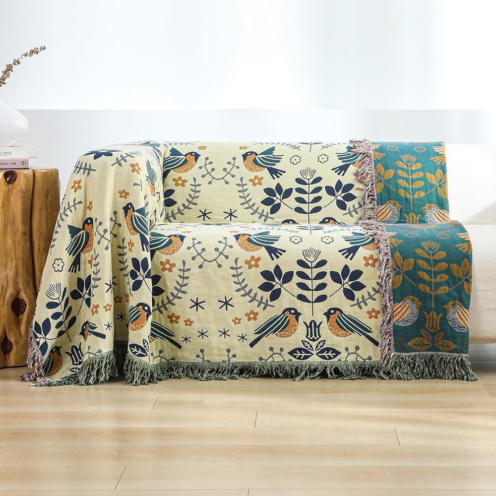 HOORDRY Couverture tissée 100 % coton avec franges, couvre-lit boho double face, 200 × 230 cm, bleu/beige, noble et douillet pour regarder la télé, plaid de fauteuil, couverture réversible : Cuisine et Maison