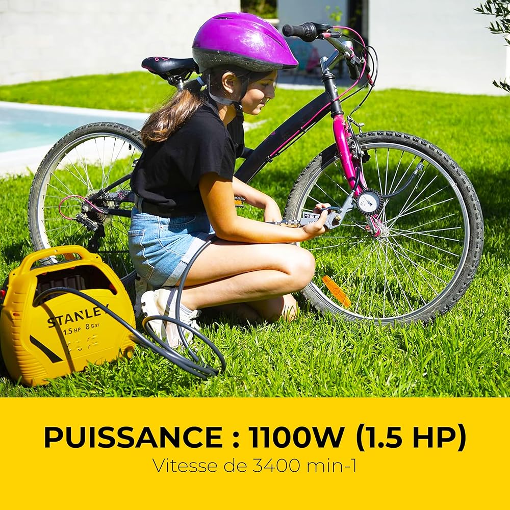 Stanley Compresseur à Air 8 Bar - Compresseur Voiture Portatif Sans Huile avec Outils Pneumatiques - Incl. Tuyau d'Air 3M, Pistolet à Air avec Manomètre et 3 Buses - Jaune : Stanley: Bricolage