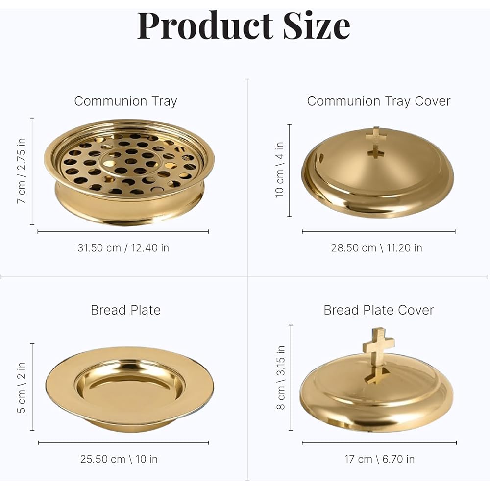 2 plateaux de service pour vin sacré avec couvercle et 2 assiettes à pain empilables avec un couvercle + 80 tasses – Acier inoxydable (laiton/doré brillant) : Cuisine et Maison