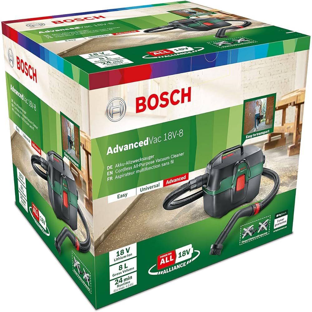 Bosch Home and Garden - Aspirateur d’eau et poussière sans fil Bosch - AdvancedVac 18V-8 (sans batterie, système 18V, set d’accessoires inclus, livré dans un emballage en carton) : Cuisine et Maison