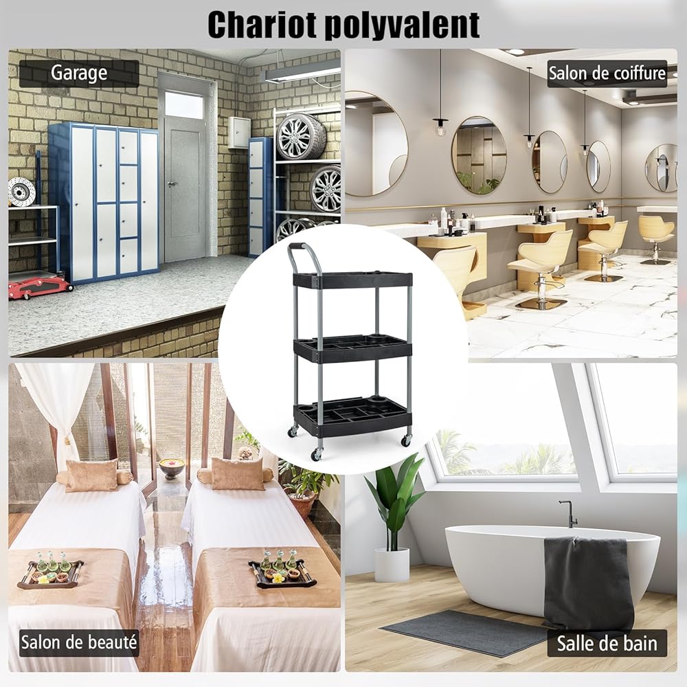 GOPLUS Chariot Service d'Atelier, Chariot d'Outils à 3 Niveaux avec Porte-Bouteilles et Porte-Outils Moulés, Poignée Ergonomique & Roues Verrouillables pour Garage, Atelier : Commerce, Industrie et Science