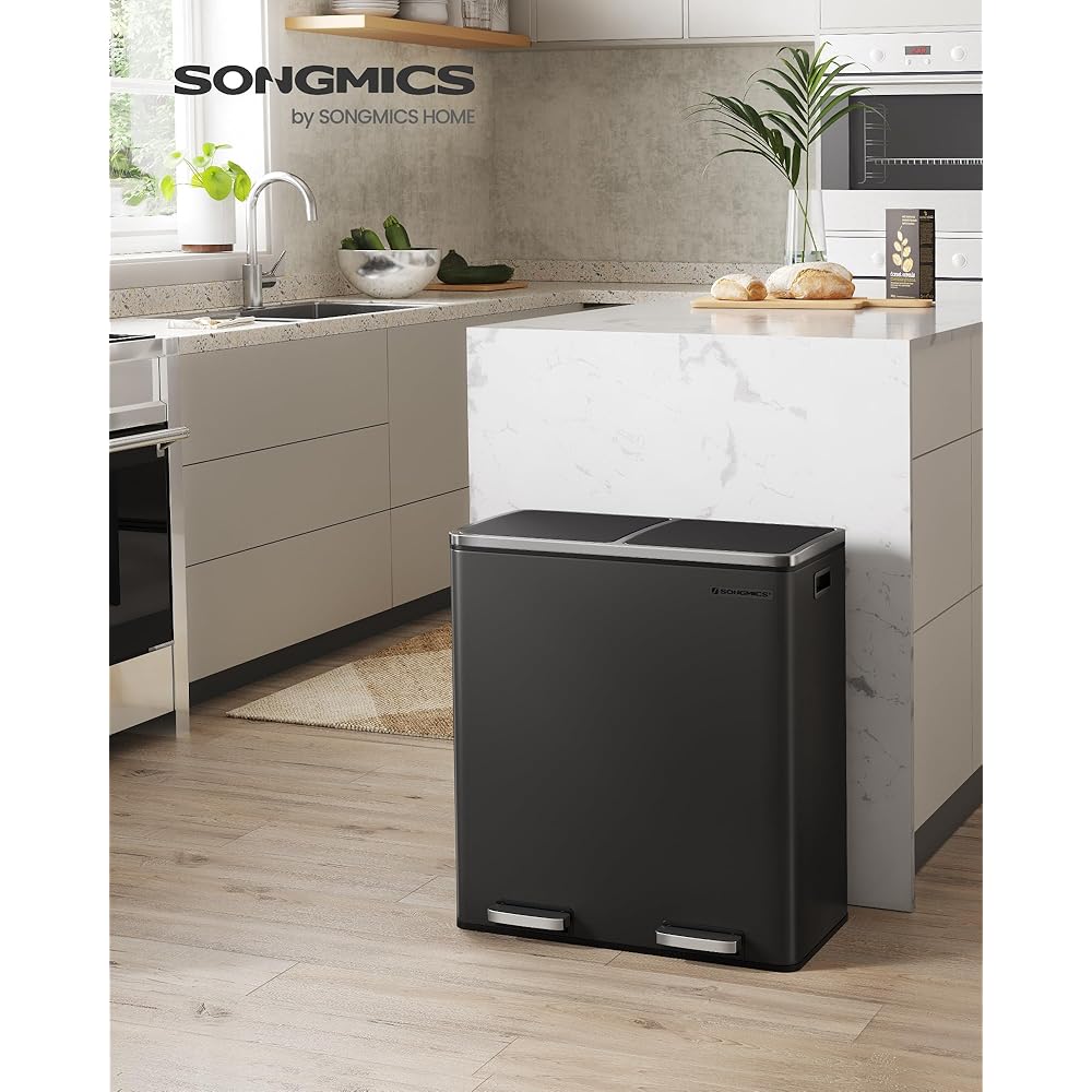 SONGMICS Poubelle Cuisine Tri Sélectif 2 x 30L, 2 Seaux en Plasatique, avec 15 Sacs Poubelles, Pédales en Métal, Couvercles, Poignées, Fermeture en Douceur, Hermétique, Noir LTB60BK : Cuisine et Maison