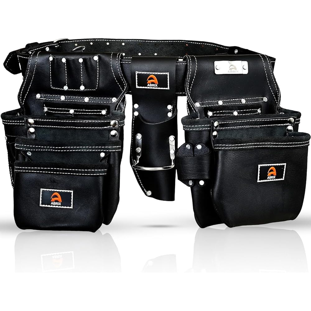 ABRIX PRO-280 Ceinture à outils en cuir tanné à l'huile de qualité supérieure, ceinture à outils en cuir robuste, 28 poches, ceinture à outils pour encadreur (cuir noir) : Bricolage